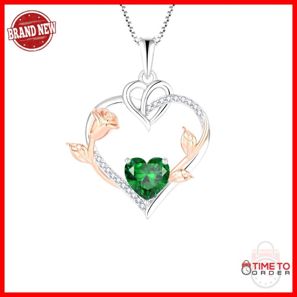 925 Sterling Silver Rose Heart Birthstone Pendant Necklace for Women